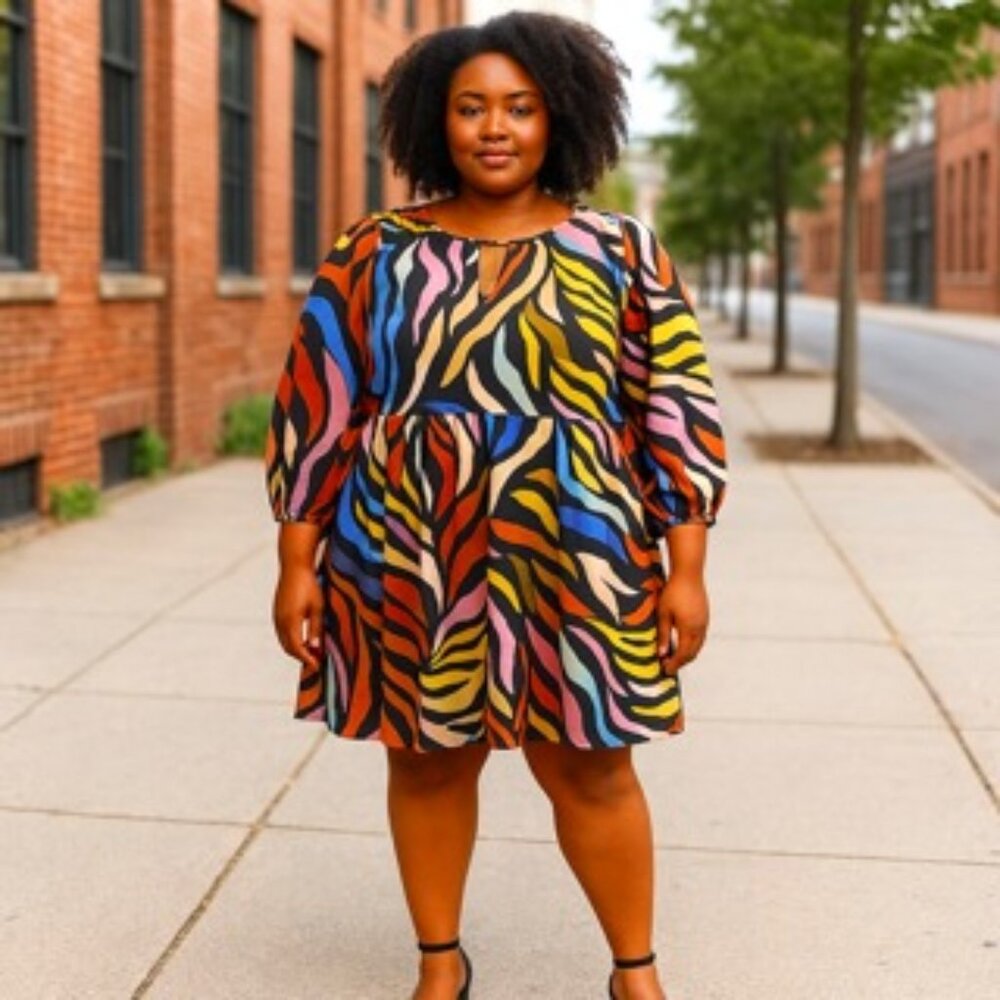 WHO WHAT WEAR Balloon Sleeve Mini Dress Multicolor Abstract Print WMS XL